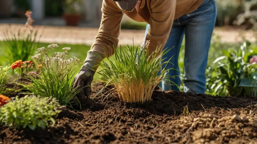A gardener planting zebra grass in a sunny garden, preparing the soil and watering the new plant
