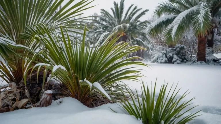 Small palm trees that can survive cold weather in a winter garden, with snow covering their fronds, showcasing their resilience in cold climates.