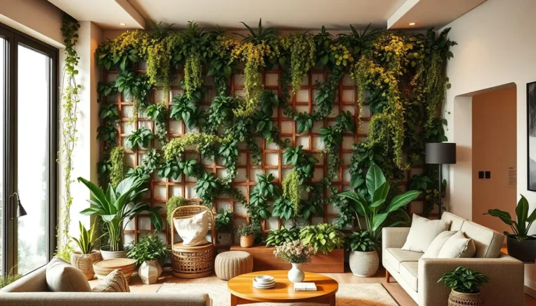 A cozy living room filled with a lush indoor plant trellis